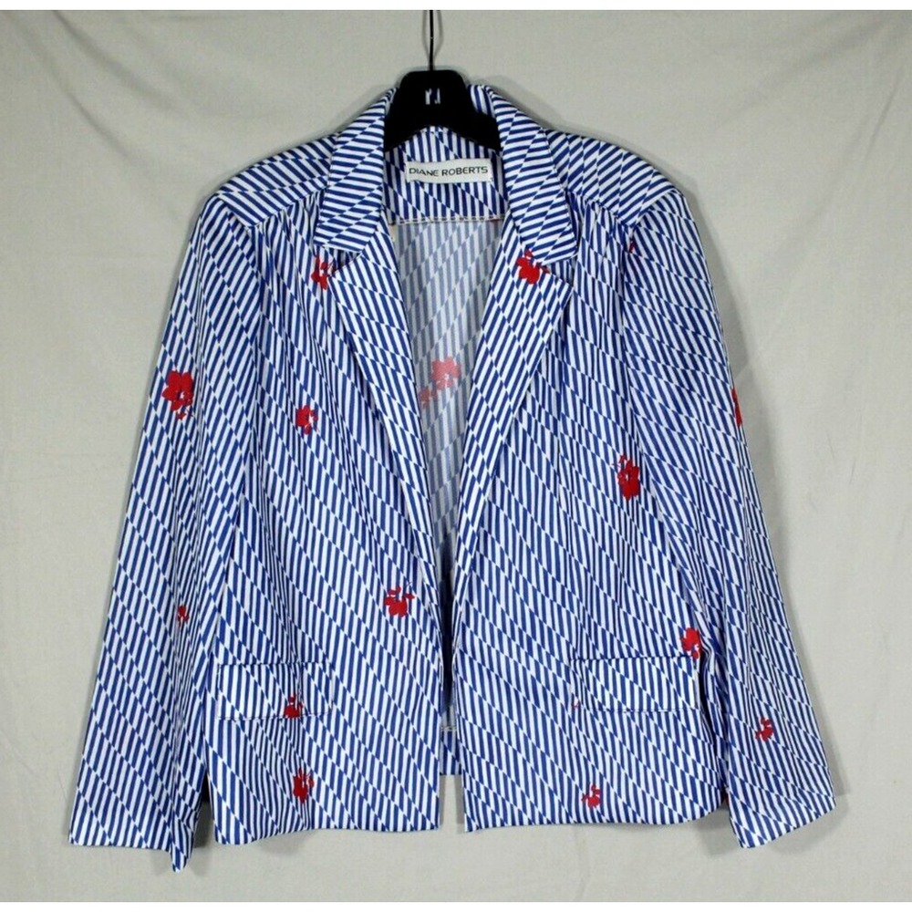 VTG DIANE ROBERTS Open Front POLY-KNIT Blue FLORAL STRIPES Jacket/Topper Sz 20